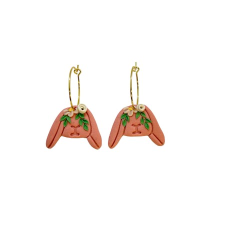 earrings hoops steel gold with pink rabbits2
